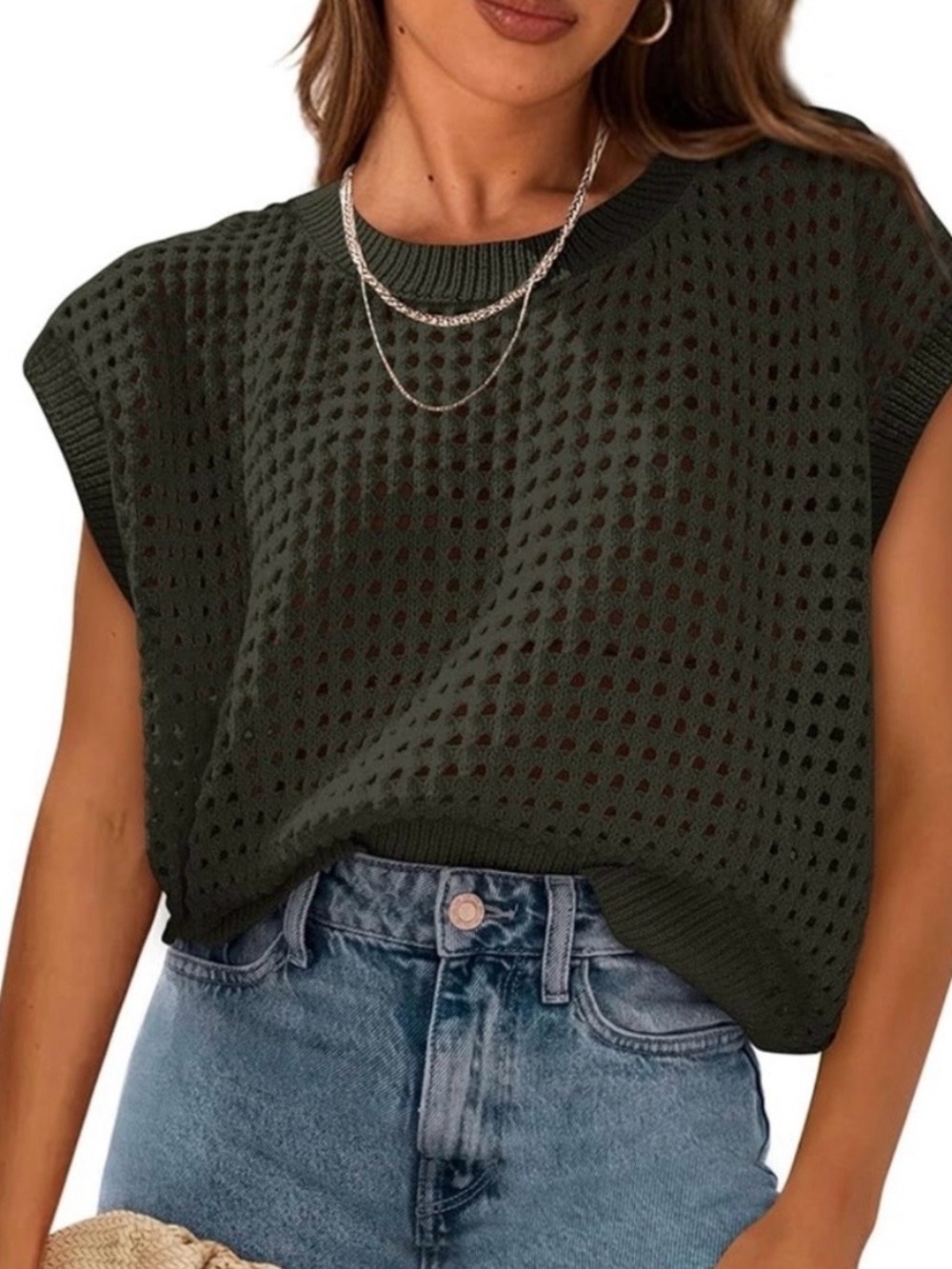 Sleeveless Knit Mesh Top - Black